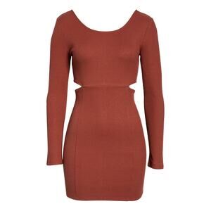Open Edit Ribbed Knit Long Sleeve Sweater Mini Dress Cutout Brown Size L